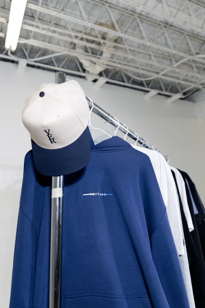 Close-up of a clothing rack featuring a navy blue hoodie and a cap in a modern interior.
